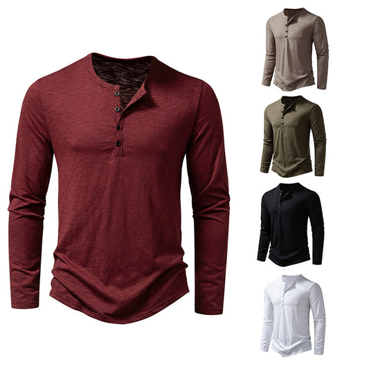 Loom & Soul™ Men’s Long-Sleeve Button Pullover – Casual Solid Color T-Shirt for Spring & Autumn