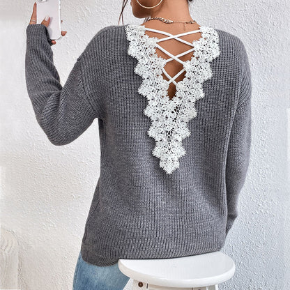 Pull sans manches col V dos nu Y2K pour femme – Tricot streetwear à bandes