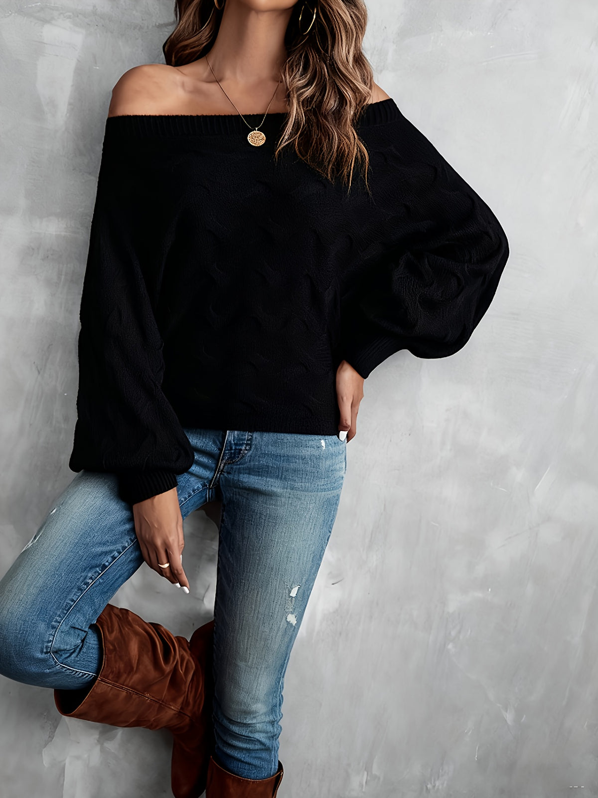 Chandail chauve-souris à épaules dénudées pour femme – Tricot ample toutes saisons
