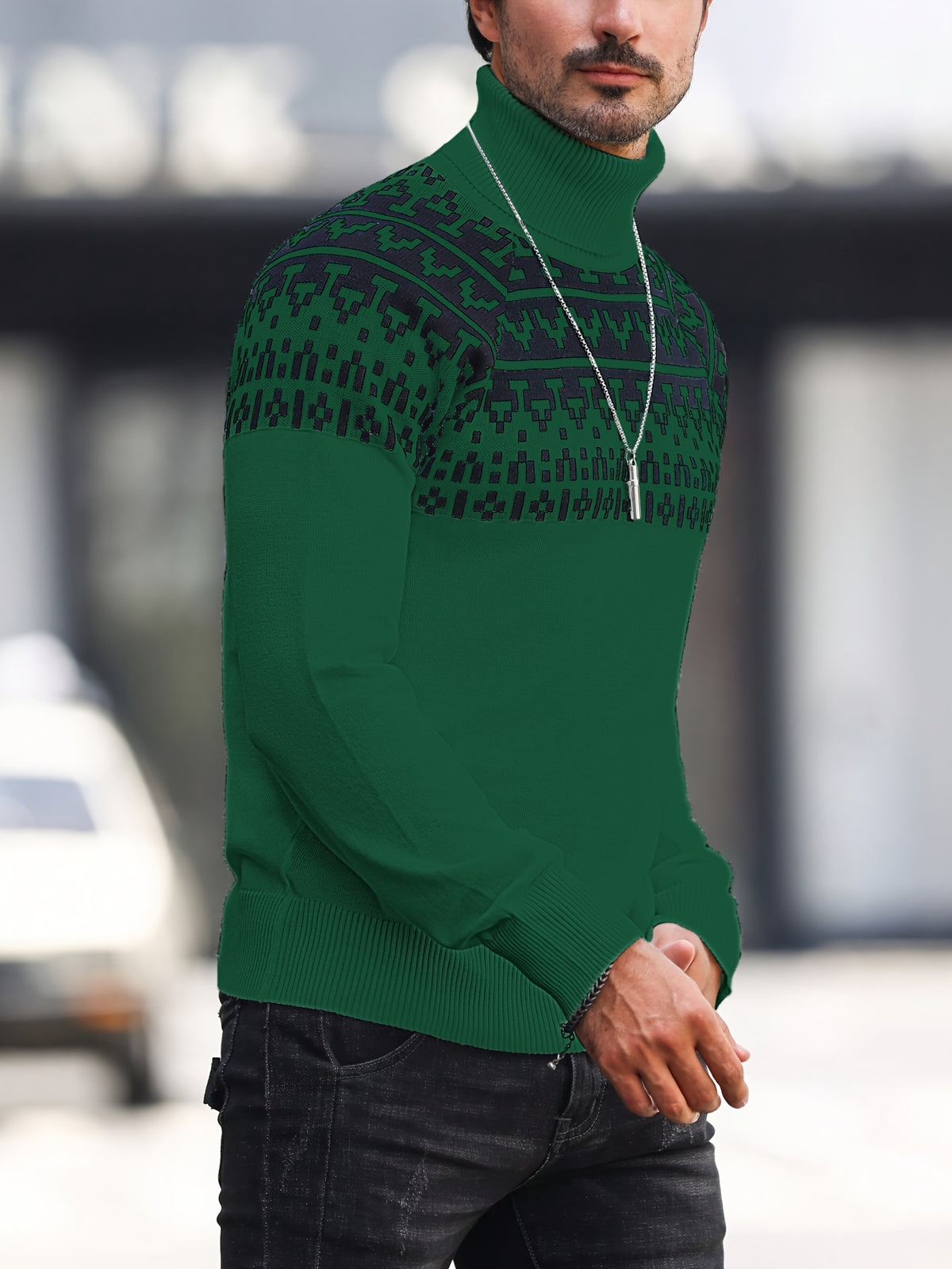 Men’s Geometric Turtleneck Sweater – Casual Knit Pullover for Fall & Winter