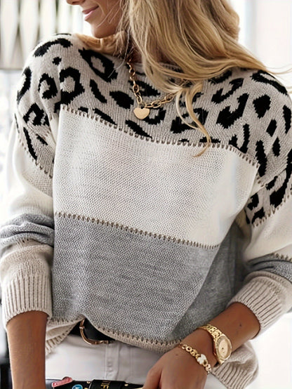 Pull ras du cou en tricot à patchwork léopard pour femme – Rose et blanc