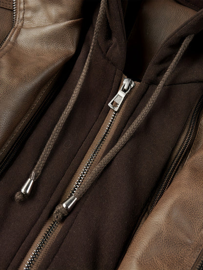 Men’s PU Leather Bomber Jacket – Zip-Up w/ Removable Hood