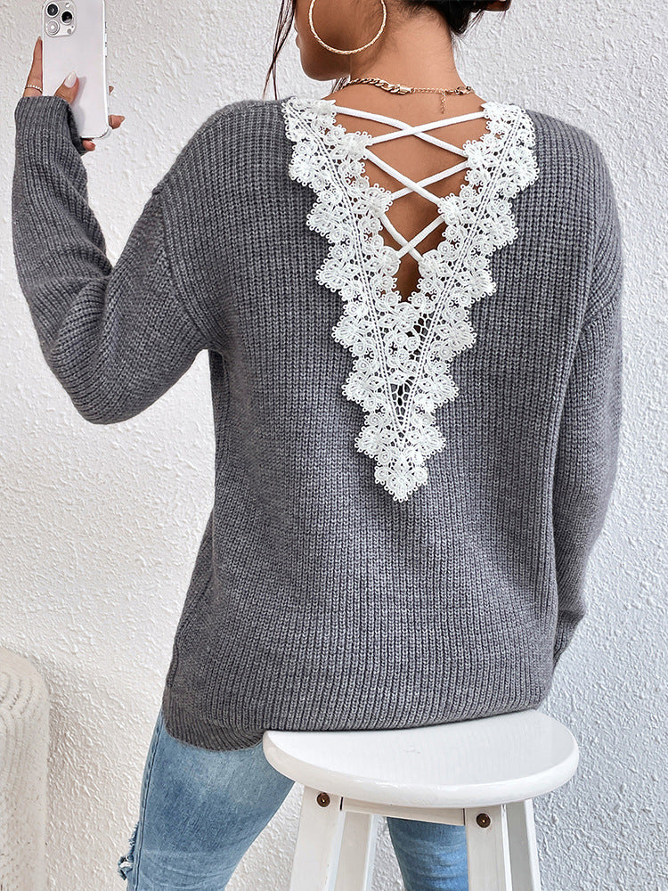 Pull sans manches col V dos nu Y2K pour femme – Tricot streetwear à bandes