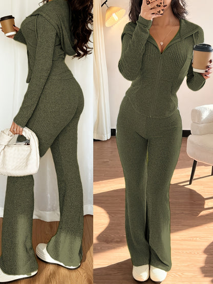 Hooded Zip-Up Set – Women’s Ribbed Flare Pants & Jacket Two-Piece