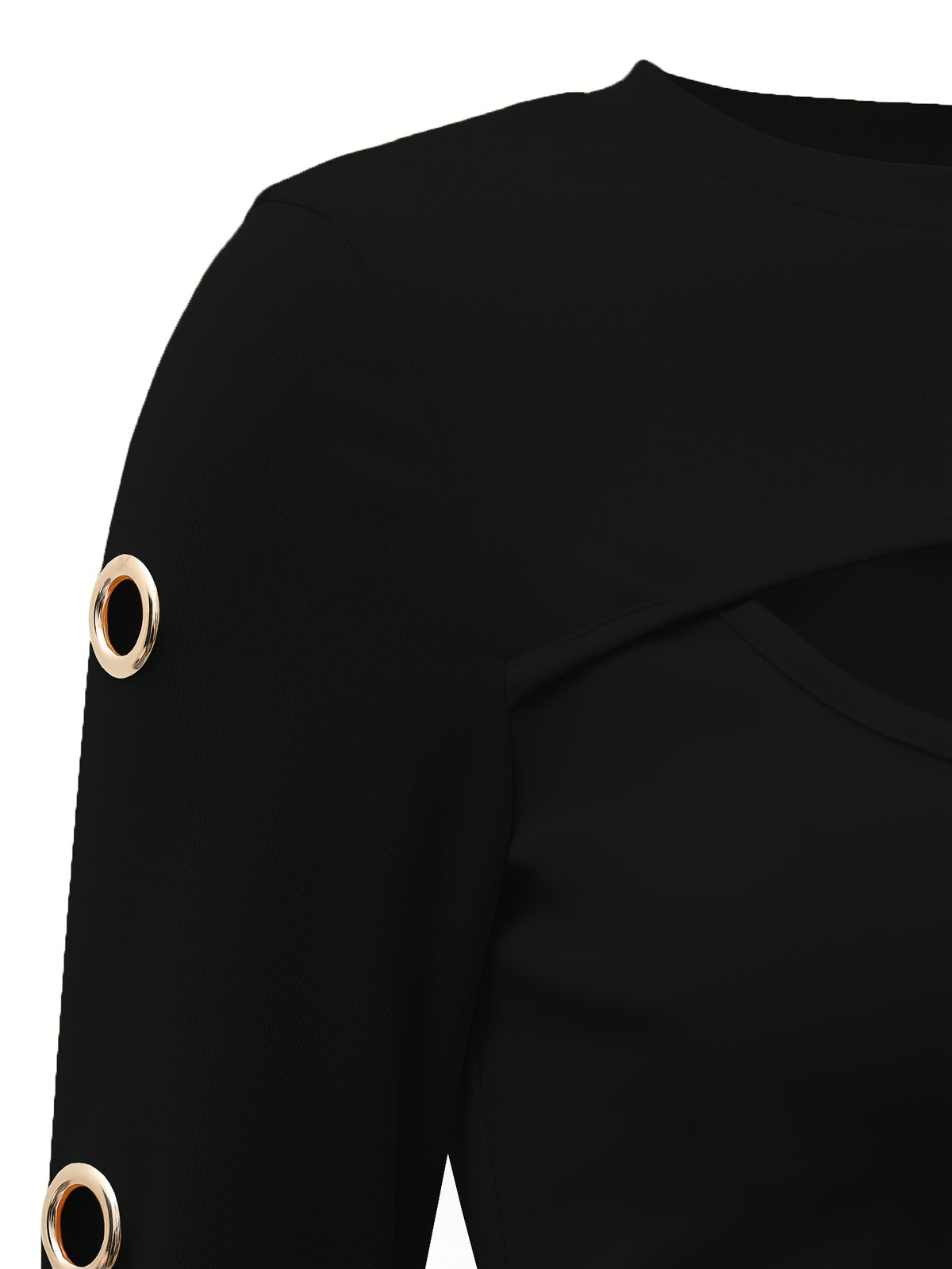 Haut noir élégant à manches longues – T-shirt col rond boutonné doré