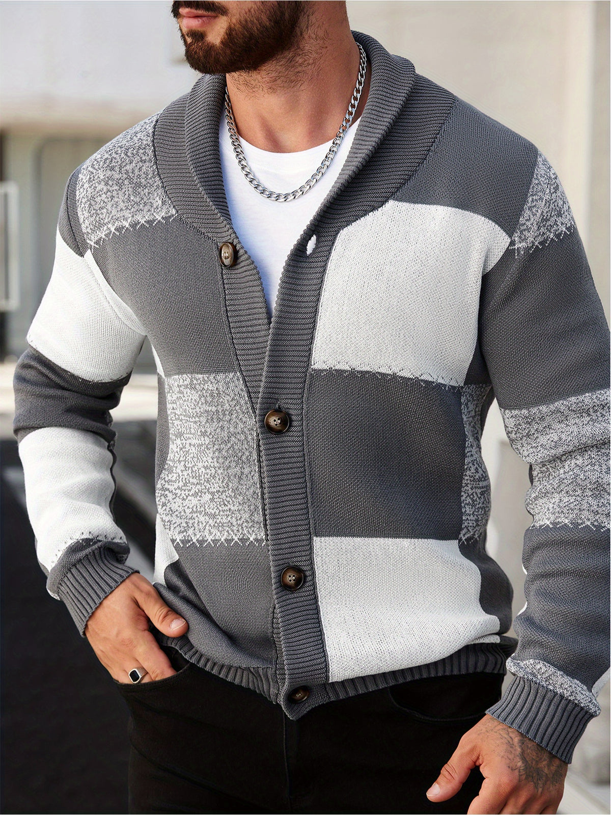 Gilet en maille à coutures contrastantes – Pull décontracté côtelé à revers