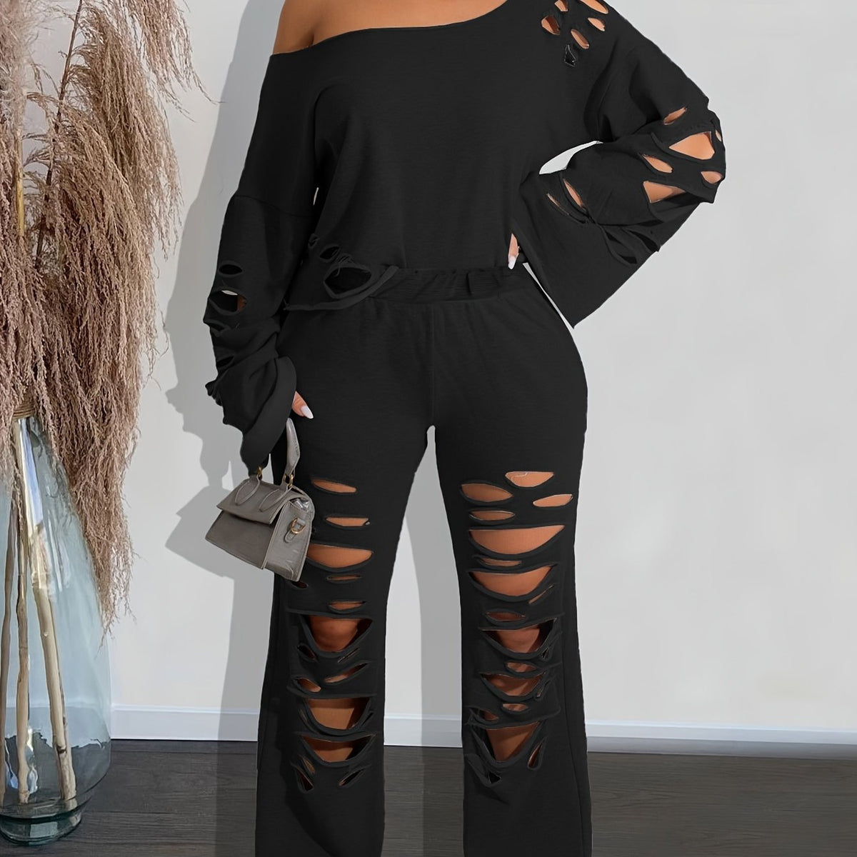Conjunto de 2 piezas para mujer, hombros descubiertos, efecto envejecido – Top de manga larga y pantalón rasgado