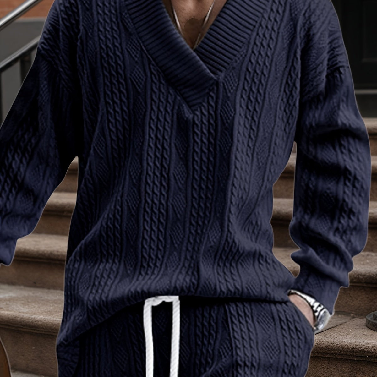 Men’s V-Neck Knit Sweater – Jacquard Rib Casual Pullover