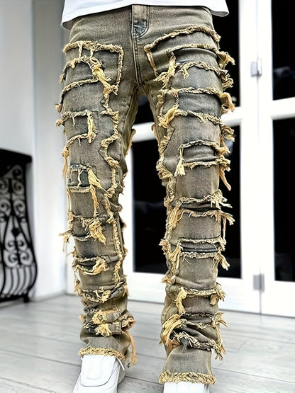 Jean slim homme vieilli – déchirures superposées et patchwork denim urbain