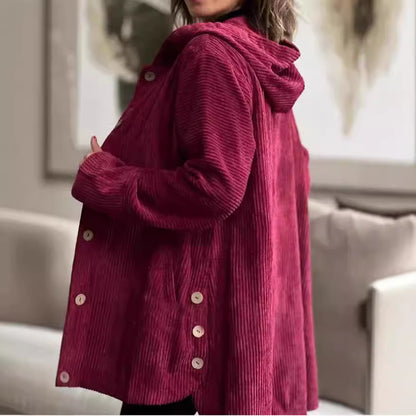 Veste à capuche en velours côtelé pour femme – Manteau chaud décontracté mi-long