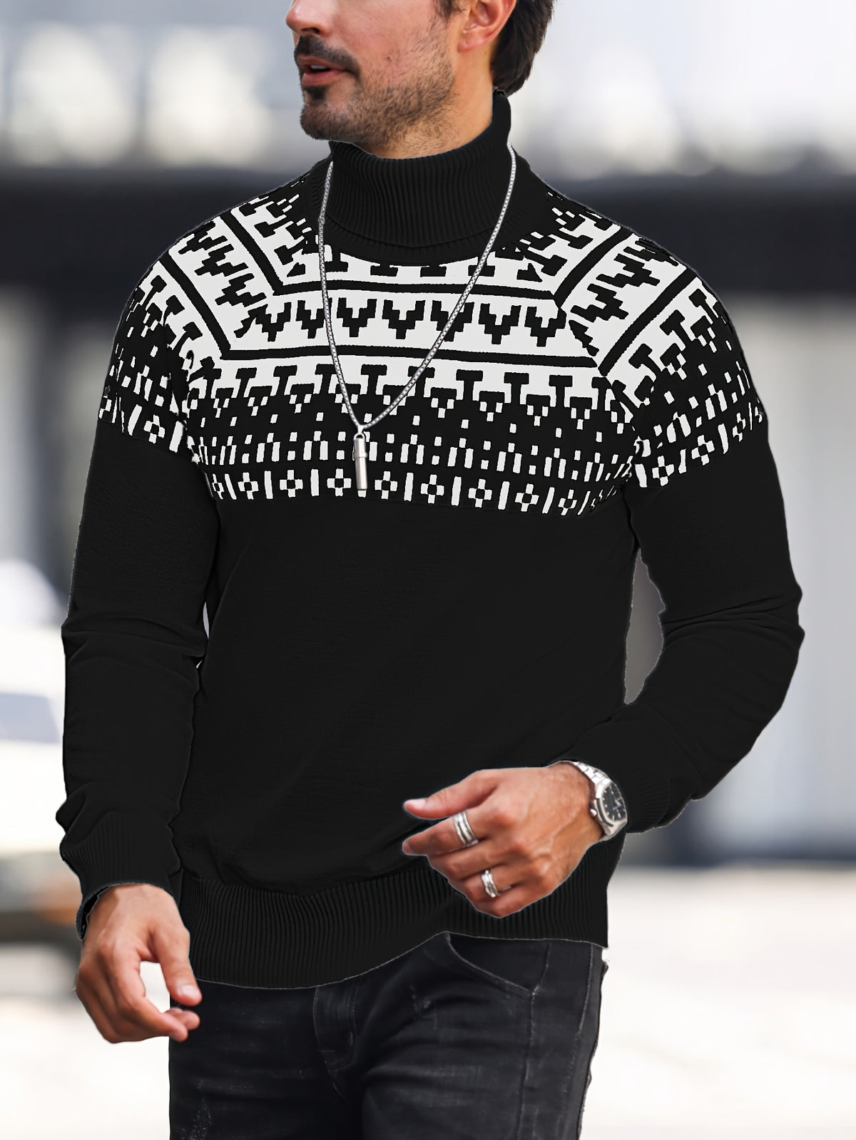 Men’s Geometric Turtleneck Sweater – Casual Knit Pullover for Fall & Winter