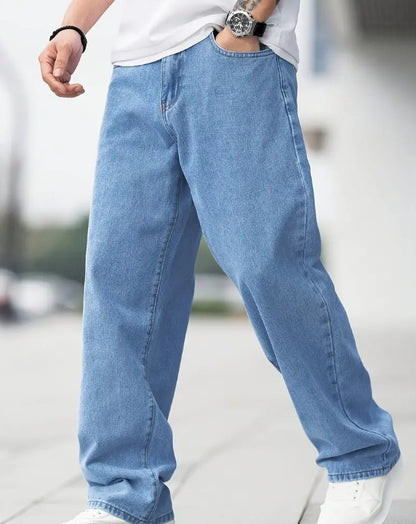Men’s Loose Straight Denim Jeans – Casual Cotton Mid Waist Pants