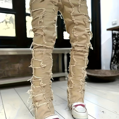 Jean slim homme vieilli – déchirures superposées et patchwork denim urbain