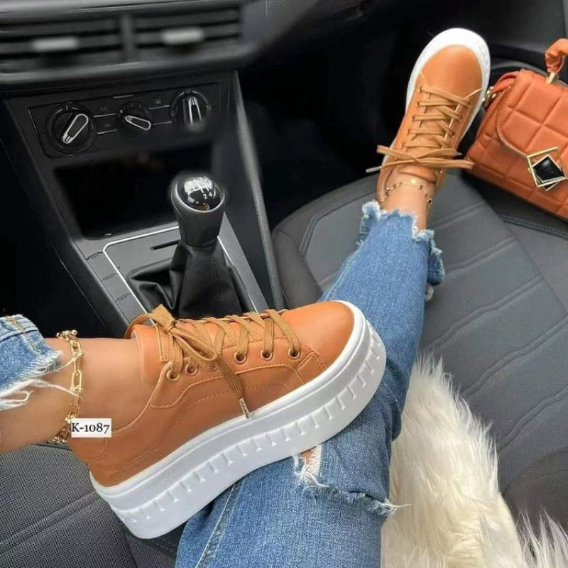 Baskets compensées pour femme – Chaussures décontractées légères à lacets à semelle épaisse