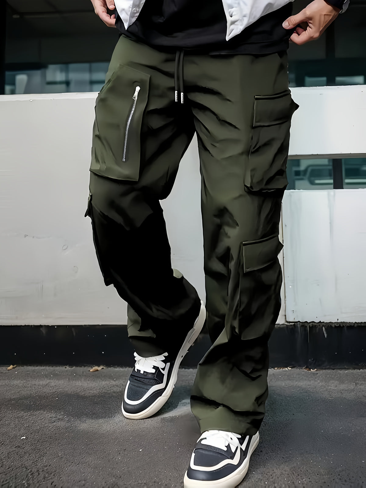 Pantalon cargo noir pour homme – Jogging d'extérieur coupe ample multi-zips pour le printemps/l'automne