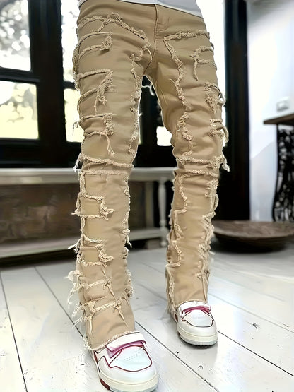 Jean slim homme vieilli – déchirures superposées et patchwork denim urbain