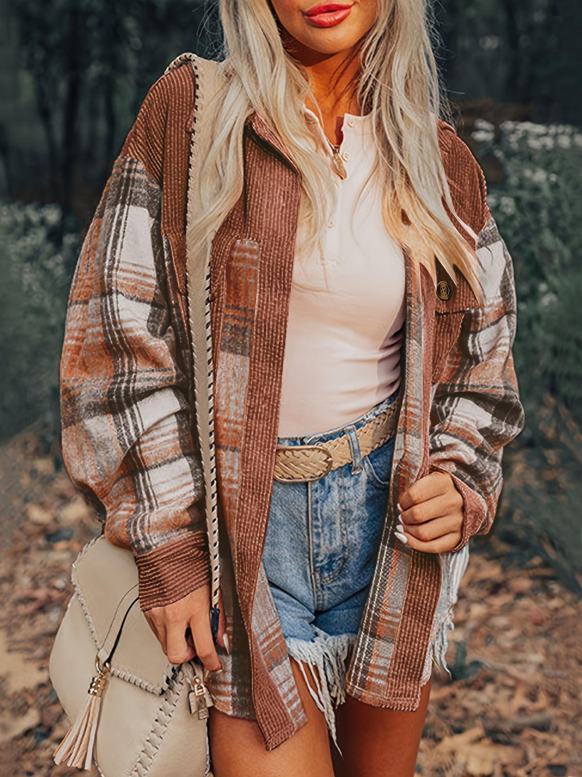 Shacket à carreaux pour femme – Col à revers, boutonnée, épaules tombantes, automne/printemps