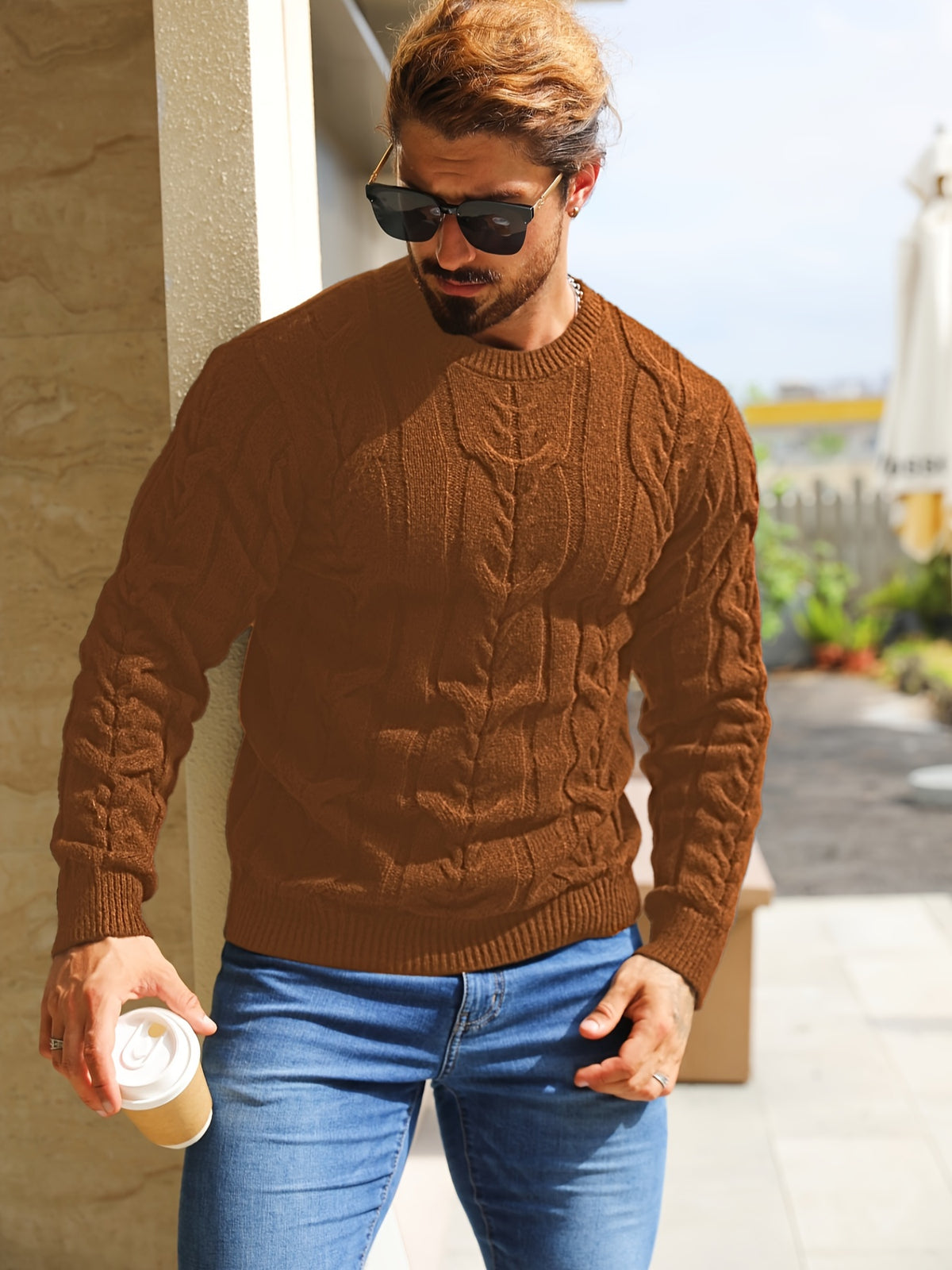 Suéter de punto a rayas para hombre – Suéter suave con cuello redondo y ribete acanalado