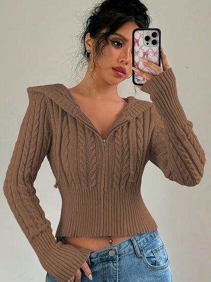 Gilet zippé à capuche élégant – Tricot torsadé, couche chaude
