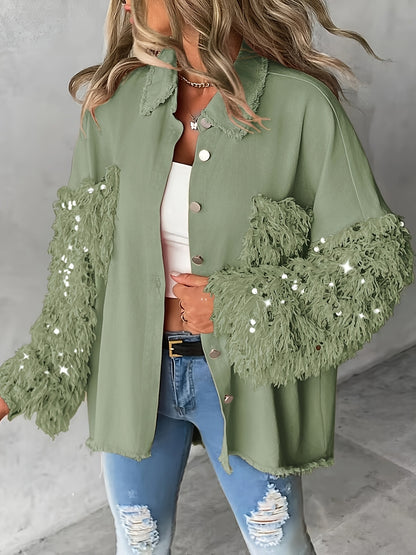Veste chemise patchwork à paillettes et pampilles pour femme – Veste à manches longues contrastantes duveteuses