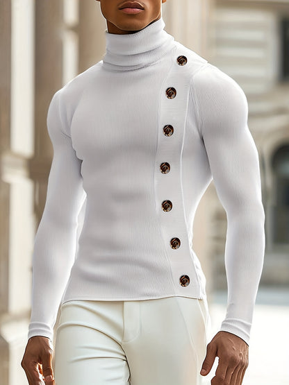 Men’s Slim Turtleneck Base Layer – Button Detail Knit Shirt