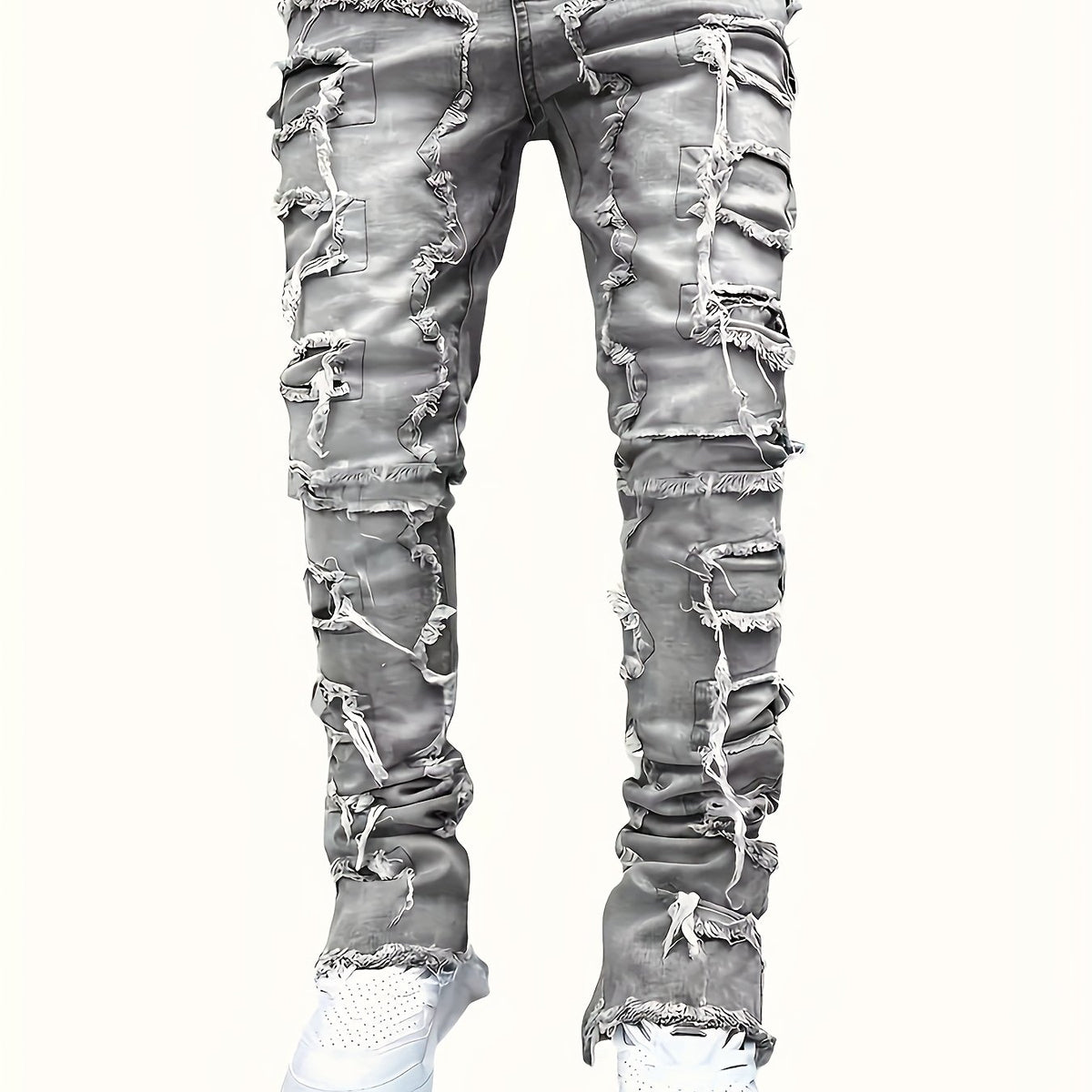 Jean slim homme vieilli – déchirures superposées et patchwork denim urbain
