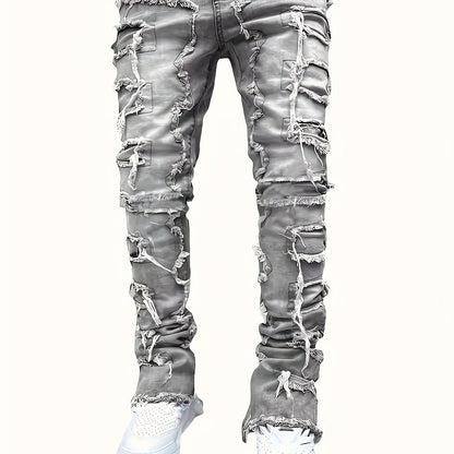 Jean slim homme vieilli – déchirures superposées et patchwork denim urbain