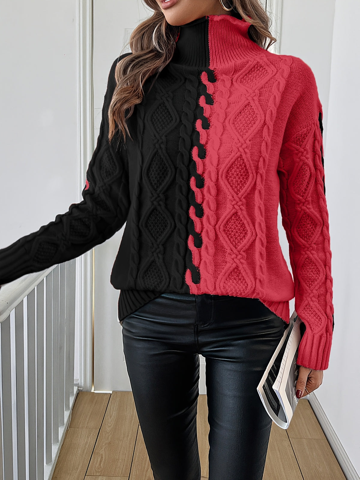 Elegant High-Neck Striped Blouse – Color-Block Knit Long Sleeve Top