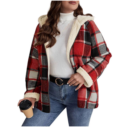 Manteau à carreaux doublé polaire et à capuche pour femme – Chaleur rétro ajustée