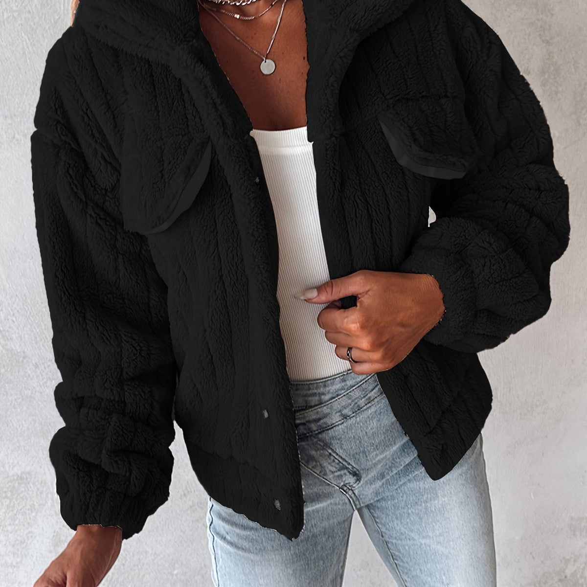 Veste douillette rose pâle en peluche pour femme – Manteau d'hiver chaud à revers boutonné