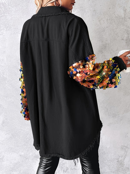 Veste chemise patchwork à paillettes et pampilles pour femme – Veste à manches longues contrastantes duveteuses