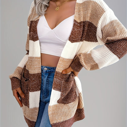Cárdigan a rayas con bloques de color para mujer – Suéter de punto de invierno con mangas abullonadas