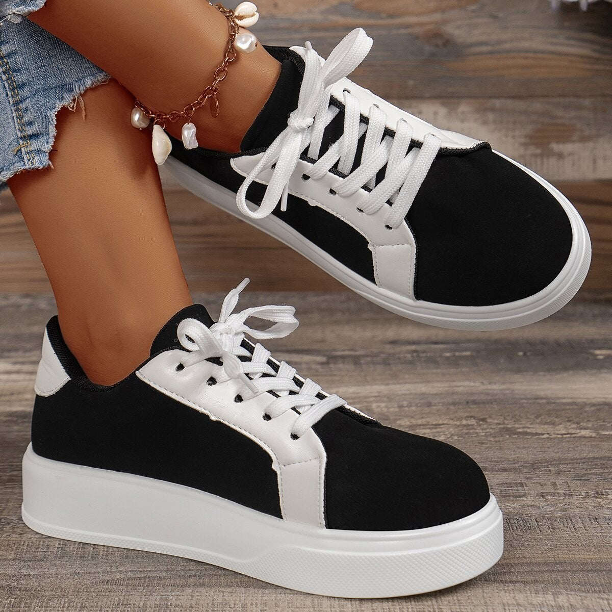 Loom & Soul™ Baskets rétro à lacets – Chaussures de marche en PU pour femmes avec talon compensé confortable de 3 à 5 cm et semelle en caoutchouc