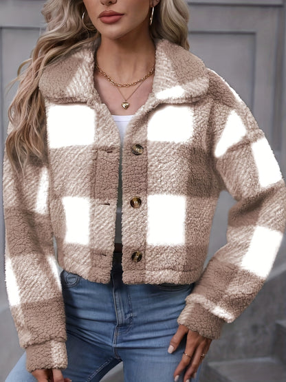 Manteau en peluche à carreaux pour femme – Vêtement d'extérieur chaud à carreaux pour l'automne/hiver avec boutons