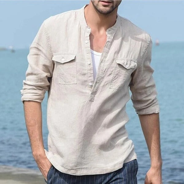 Men’s Cotton Linen Long Sleeve Shirt – Breathable Casual Button Top