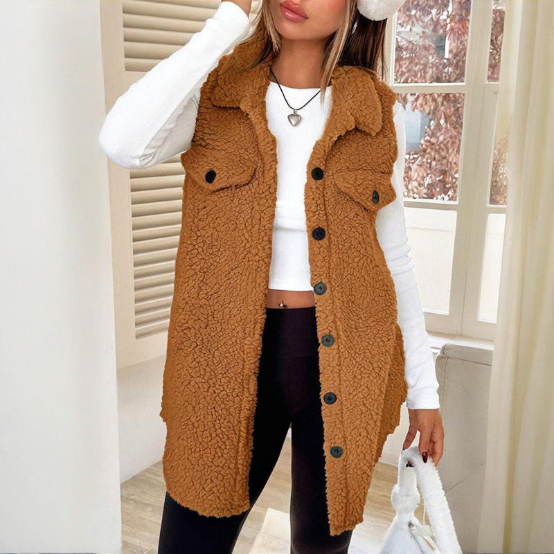 Women’s Wool-Like Sleeveless Vest – Lapel Button Mid-Length Waistcoat
