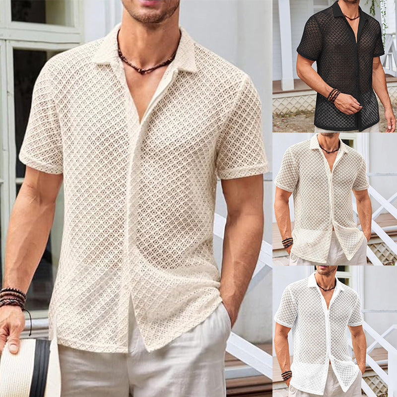 Loom & Soul™ Camisa de malla de manga corta de verano – Top de playa ligero con solapa para hombre