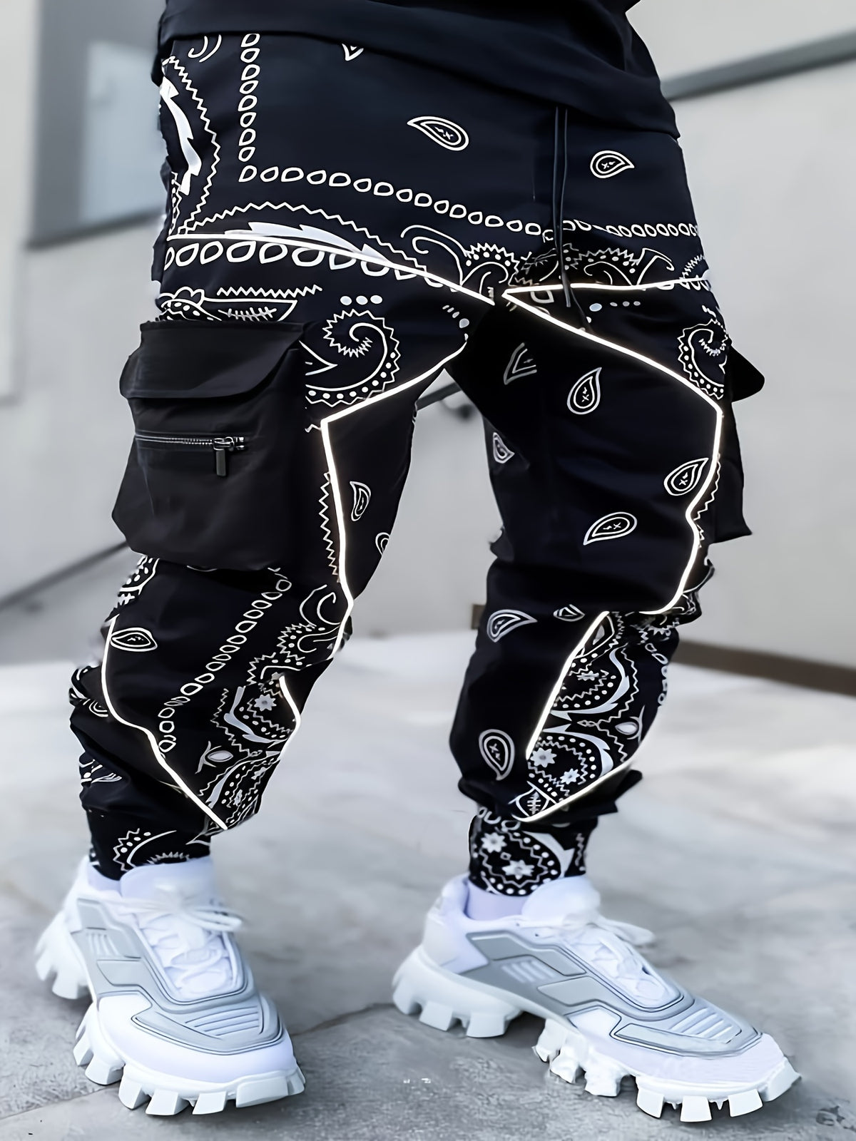 Pantalon cargo de jogging géométrique pour homme – Coupe ample avec poches zippées