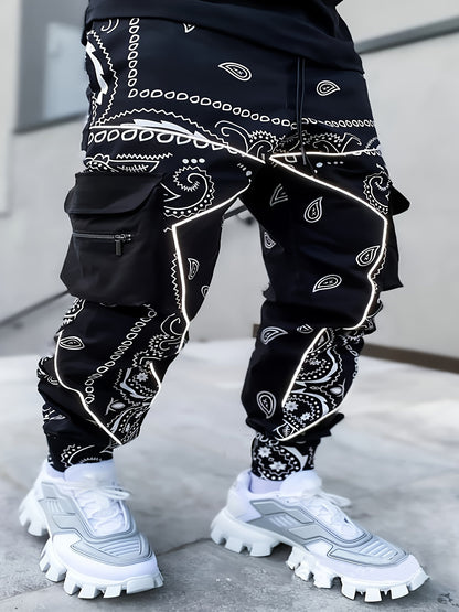 Pantalon cargo de jogging géométrique pour homme – Coupe ample avec poches zippées