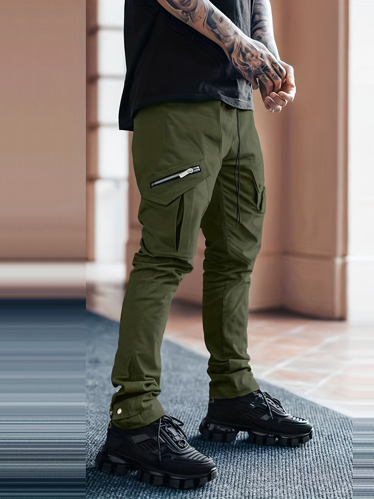 Pantalon cargo noir pour homme – Pantalon streetwear multipoches à cordon de serrage