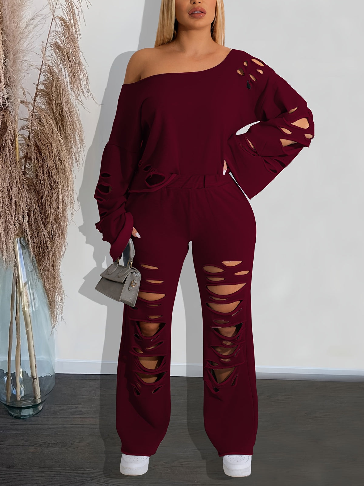 Conjunto de 2 piezas para mujer, hombros descubiertos, efecto envejecido – Top de manga larga y pantalón rasgado