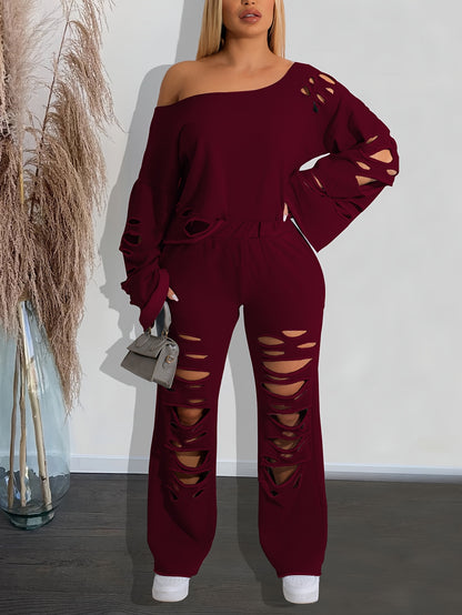 Conjunto de 2 piezas para mujer, hombros descubiertos, efecto envejecido – Top de manga larga y pantalón rasgado