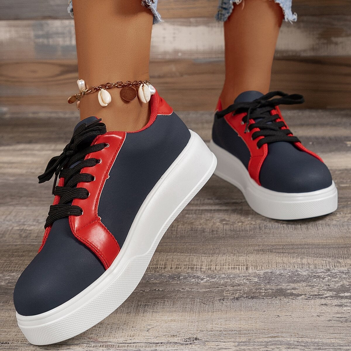 Loom & Soul™ Baskets rétro à lacets – Chaussures de marche en PU pour femmes avec talon compensé confortable de 3 à 5 cm et semelle en caoutchouc