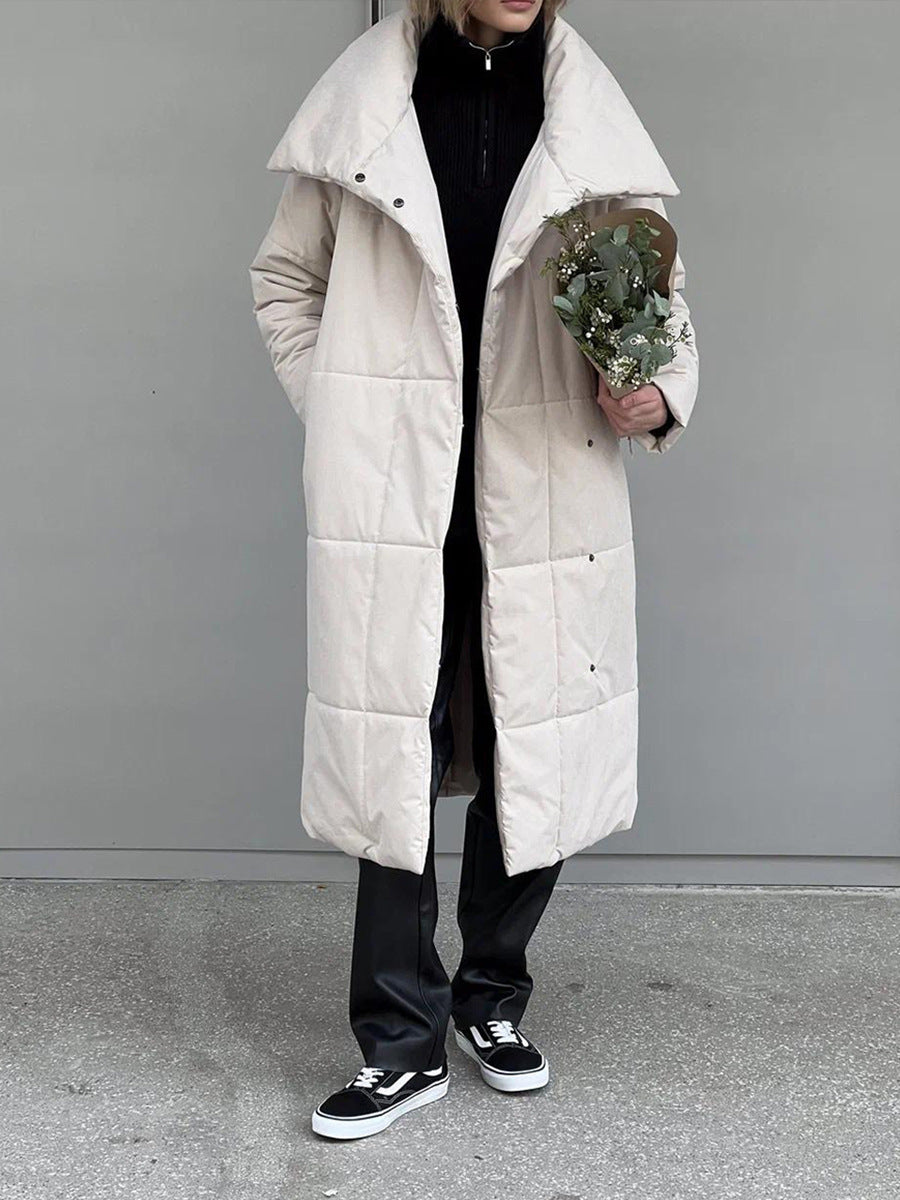Manteau d'hiver à grand revers Loom & Soul™ pour femme – Longue veste matelassée en coton chaud avec ceinture et poches