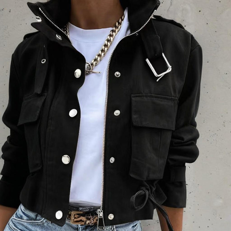 Women’s Stand Collar Jacket with Button & Zipper – Casual Short Fit