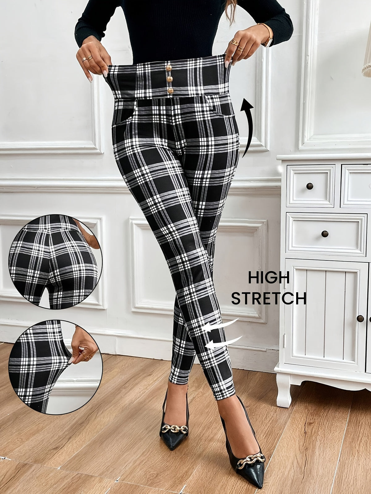 Women’s High-Waist Checkered Slim Pants – Elegant Plaid Trousers