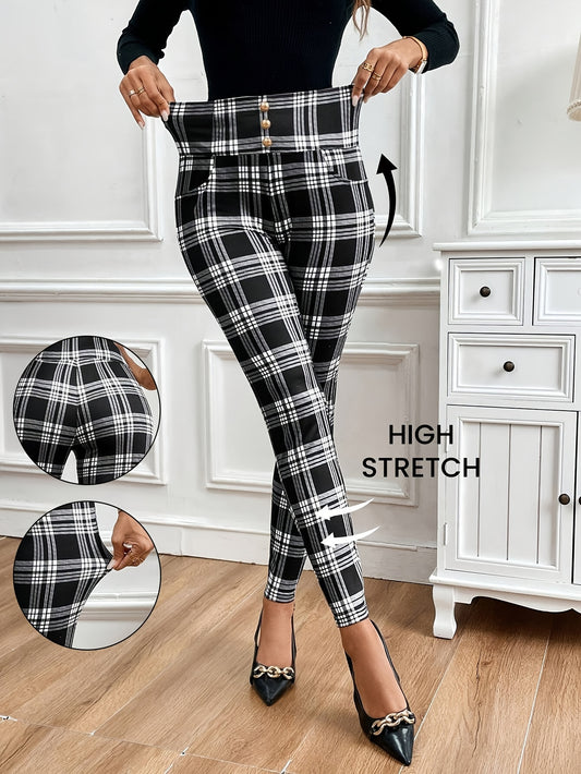 Pantalones entallados de cuadros de talle alto para mujer – Elegantes pantalones a cuadros