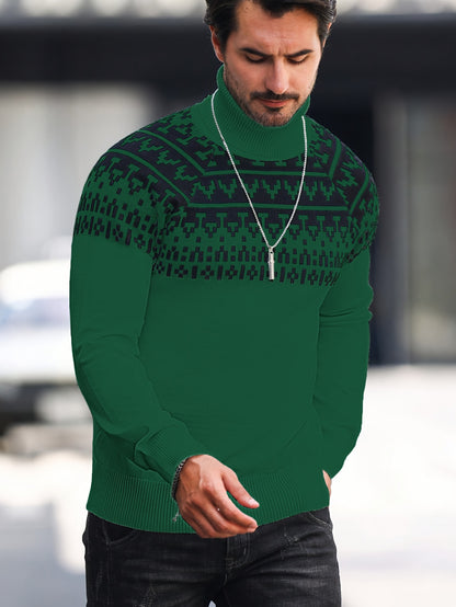 Men’s Geometric Turtleneck Sweater – Casual Knit Pullover for Fall & Winter