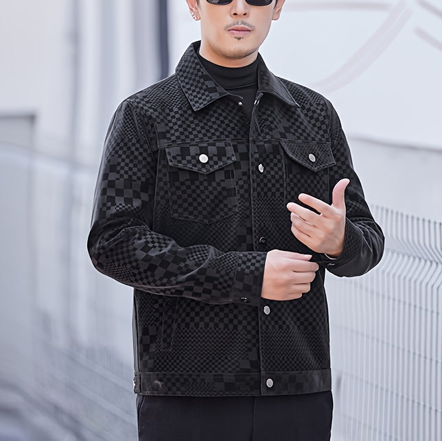 Manteau en PU à carreaux pour hommes – Veste de rue pied-de-poule noir et marron