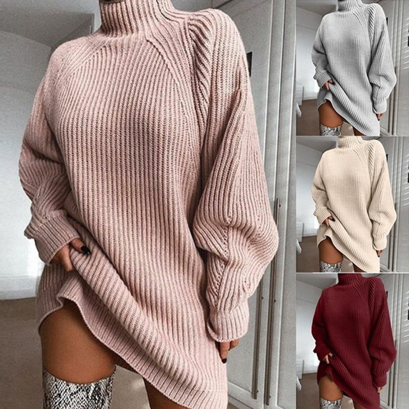 Robe pull col roulé Loom & Soul pour femme – Long pull d'hiver en maille avec tissu chaud imitation coton
